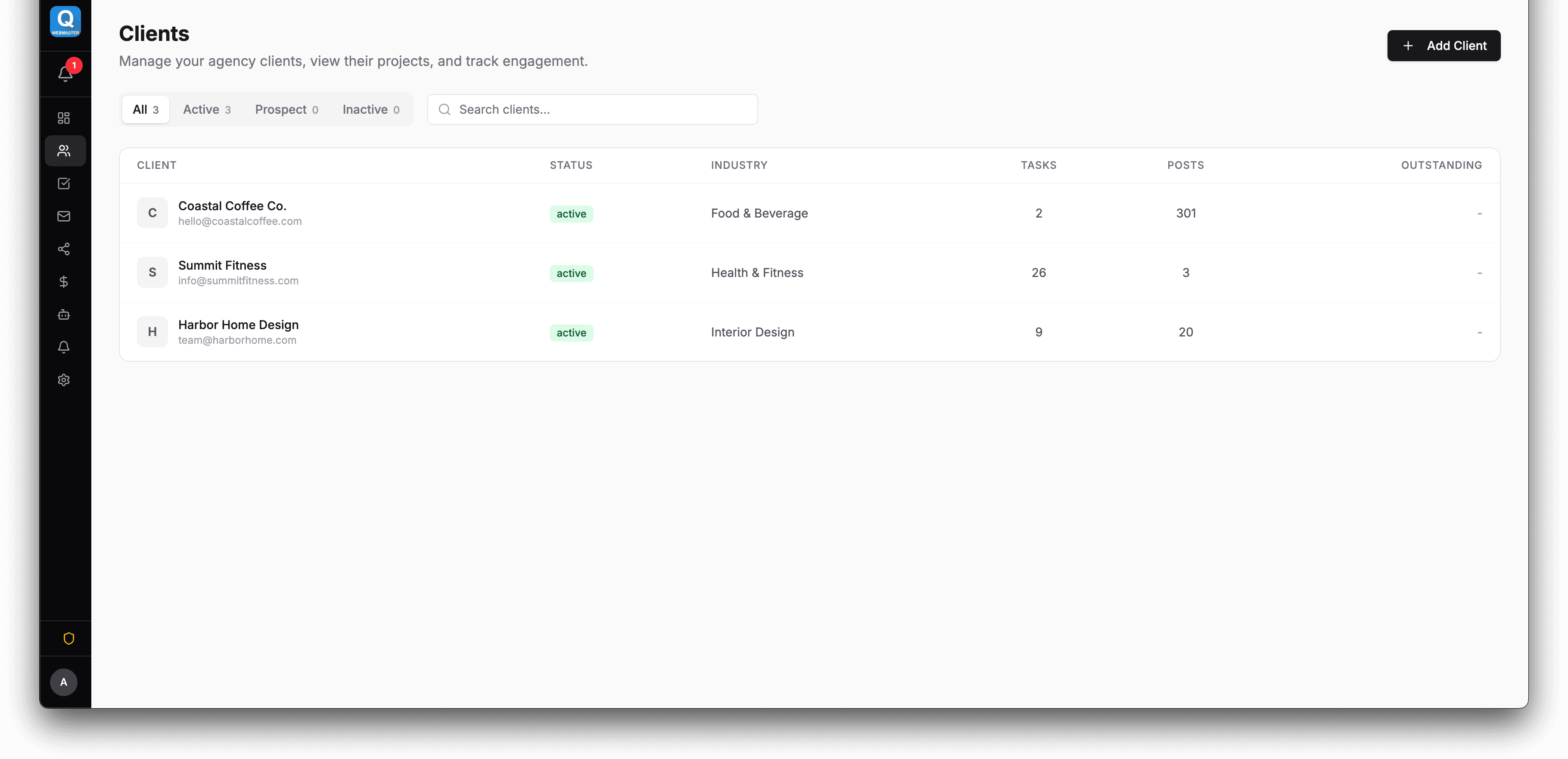 Brand management view with status indicators, integration badges, and key metrics