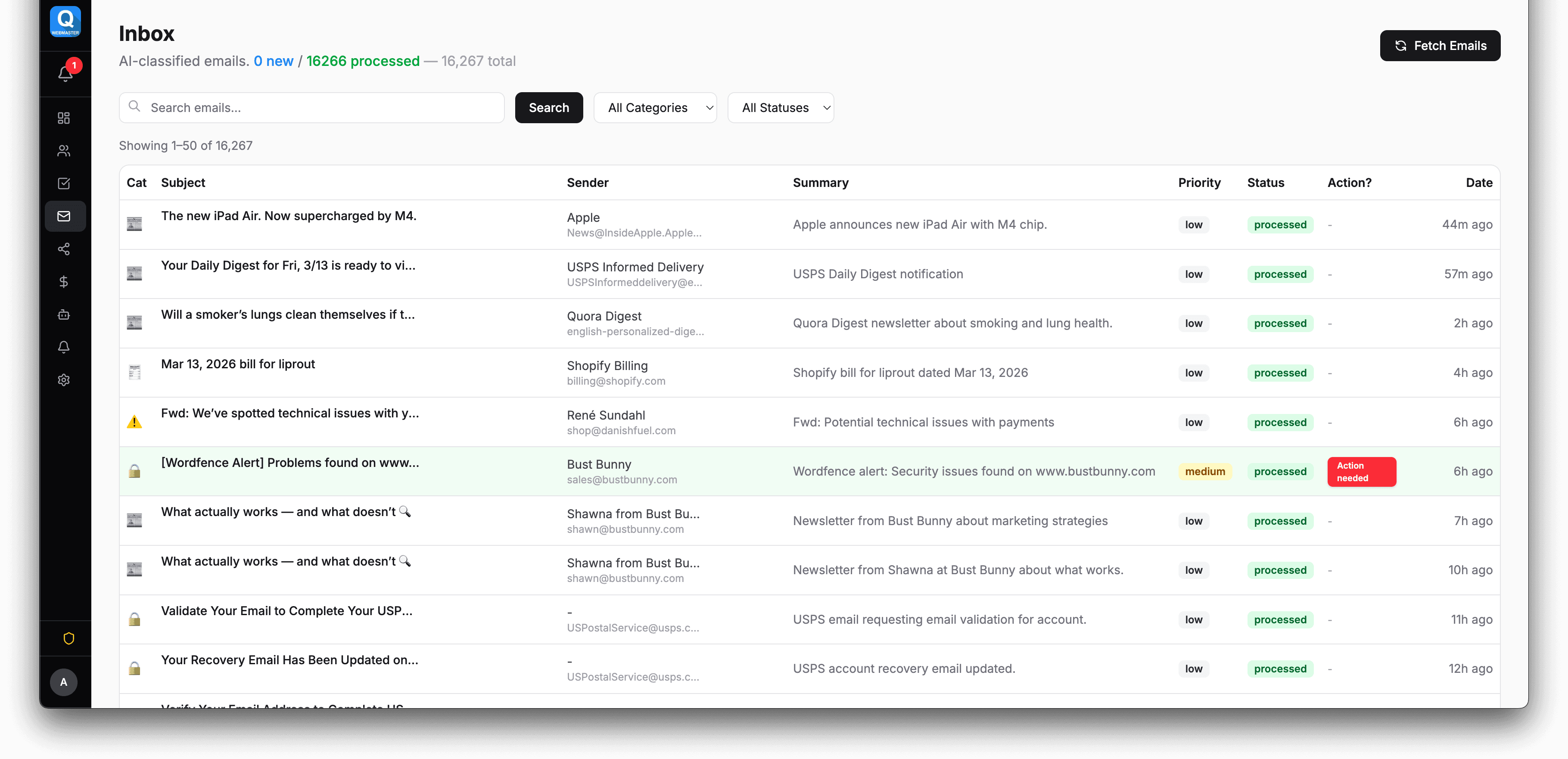 Smart inbox showing AI-classified emails with priority badges and client associations