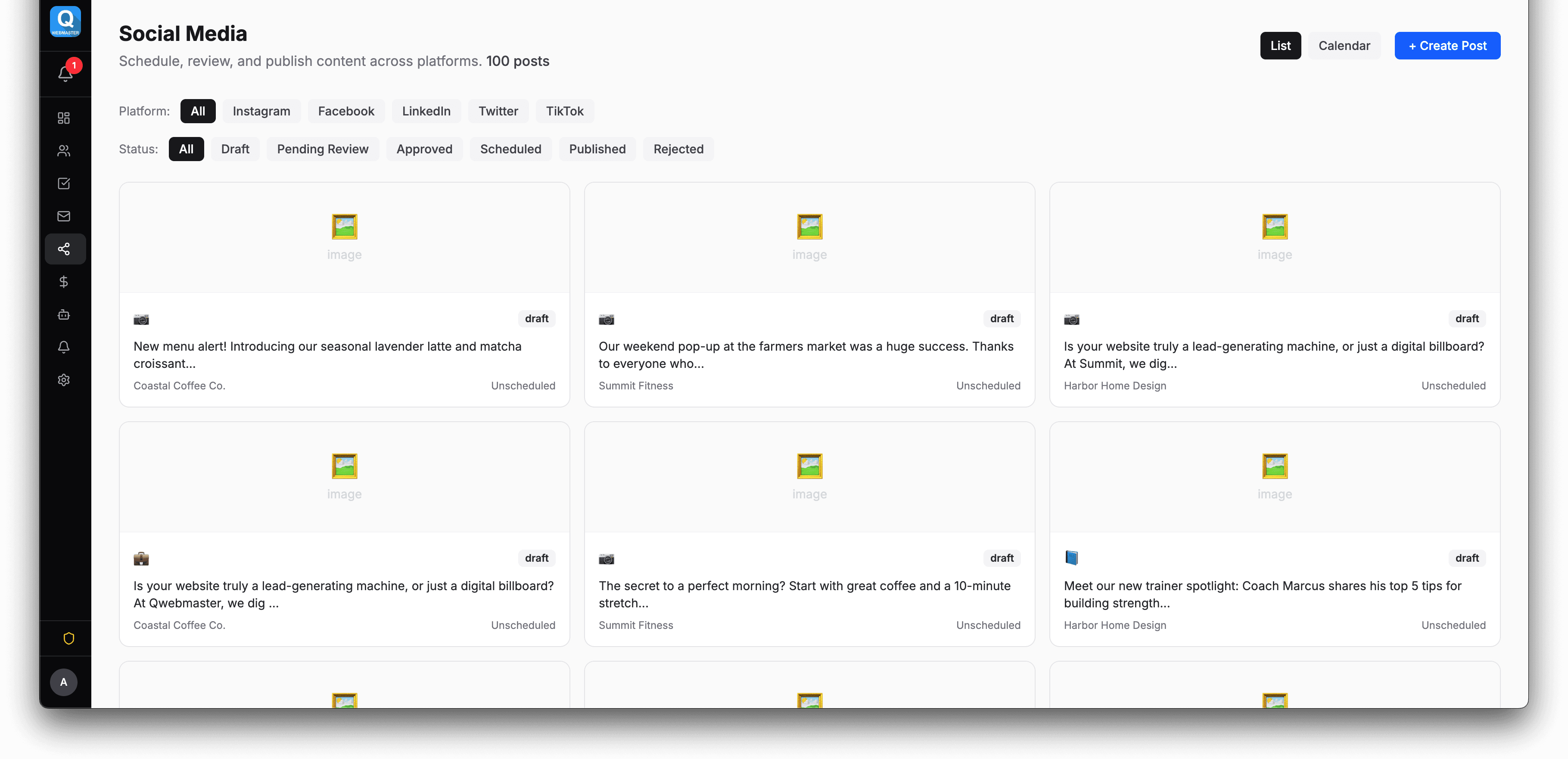 Social media content calendar with color-coded posts across multiple platforms